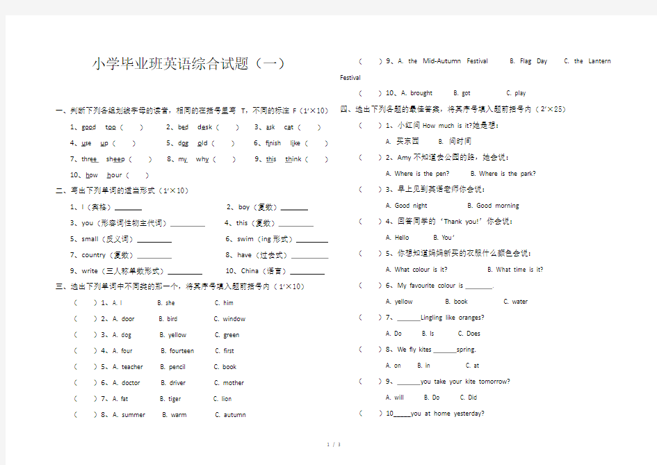 小学毕业班英语综合试题(一)