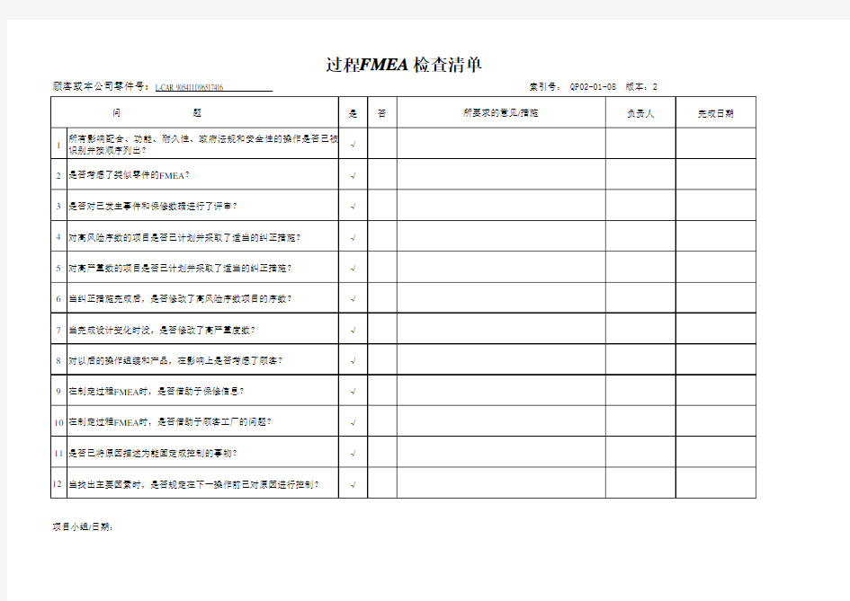 过程FMEA检查表