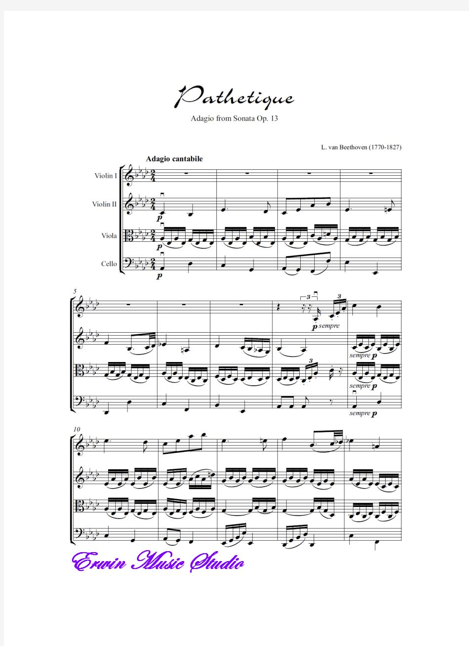 Score路德维希范贝多芬《慢板》选自悲怆奏鸣曲作品.13,弦乐四重奏总谱 分谱LudwigvanBeethoven,P