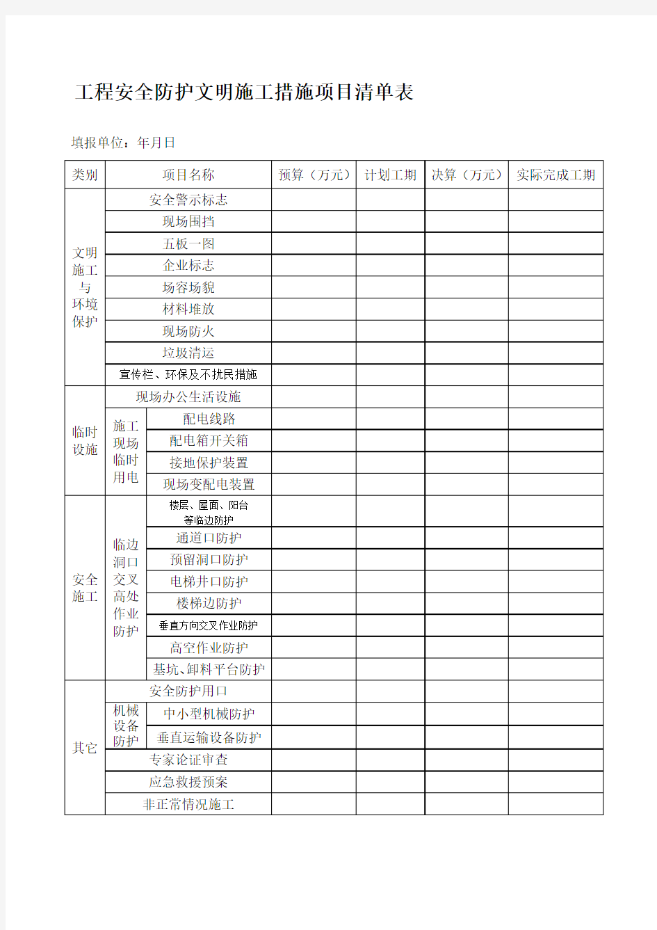 安全文明施工措施费清单