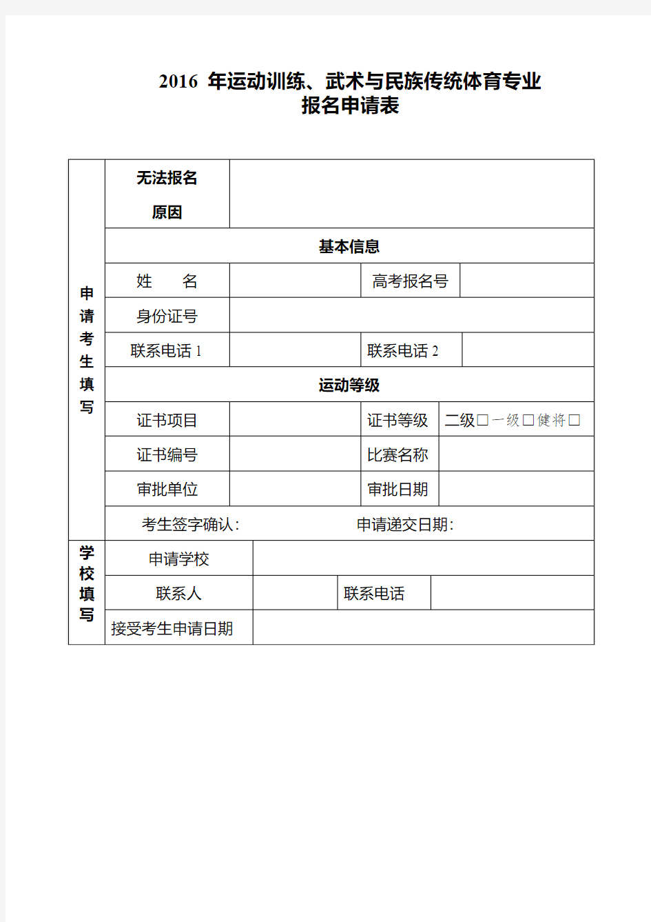 2016运动训练武术与民族传统体育专业