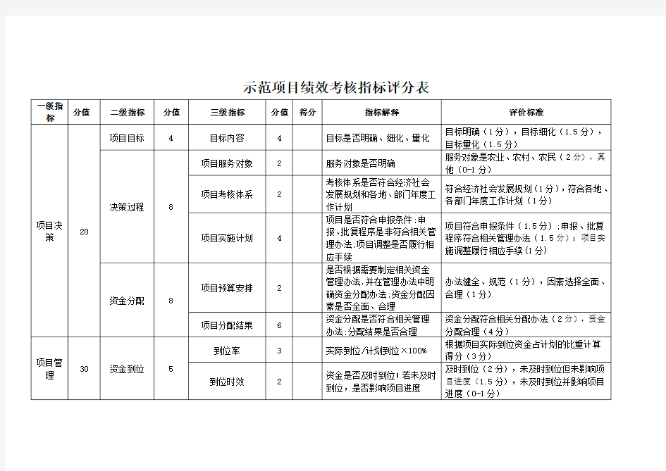 示范项目绩效考核指标评分表