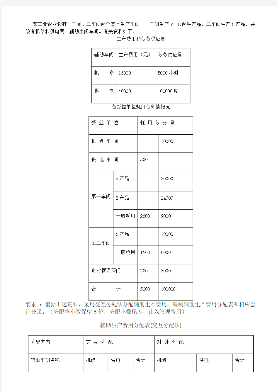 2016国开会计学形考作业成本会计习题