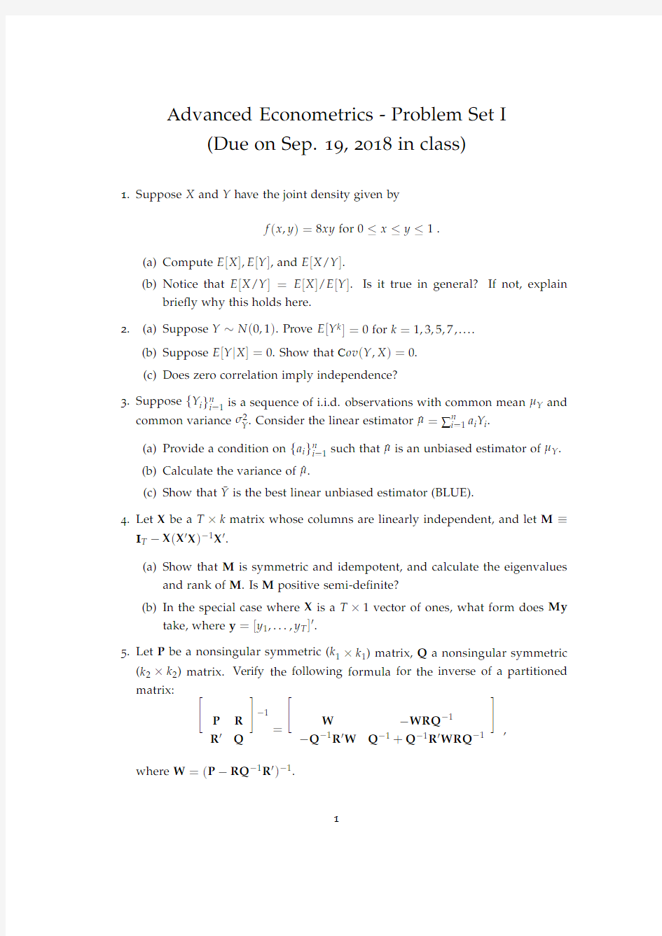 Advanced Econometric - Problem Set 1高级计量经济学练习题