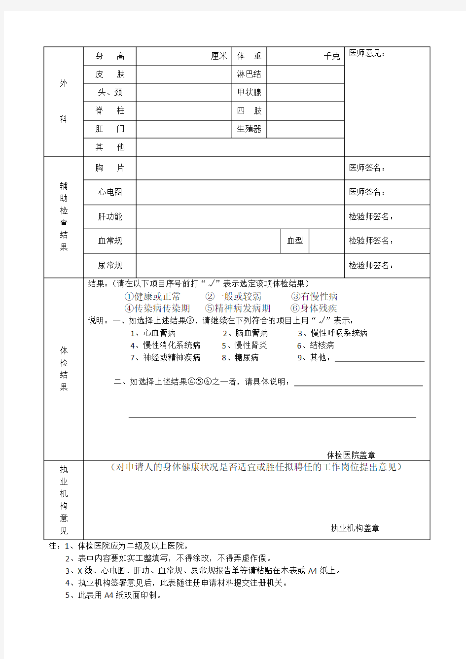 医师执业注册健康体检表(2018新版)