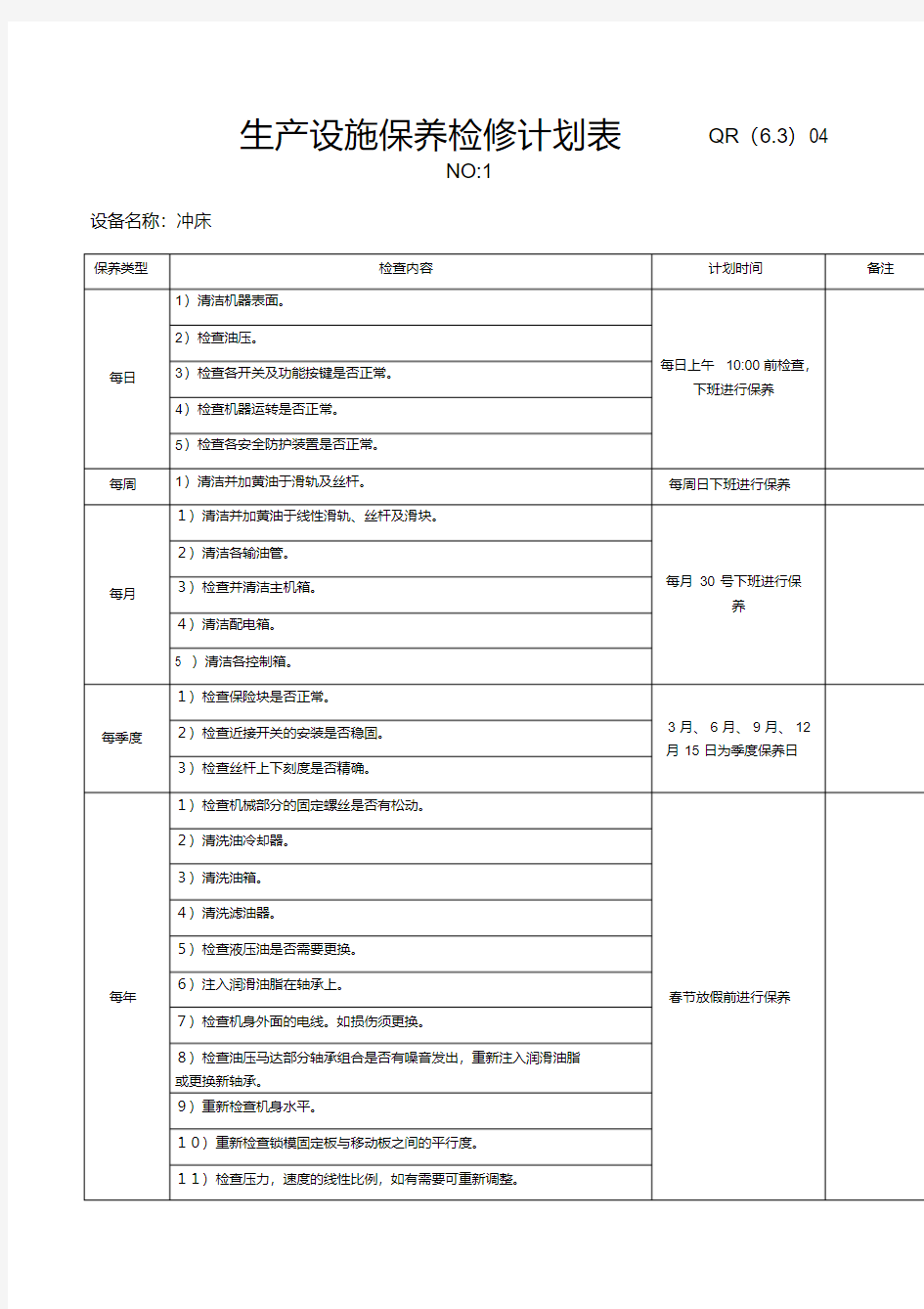 设备维护保养计划