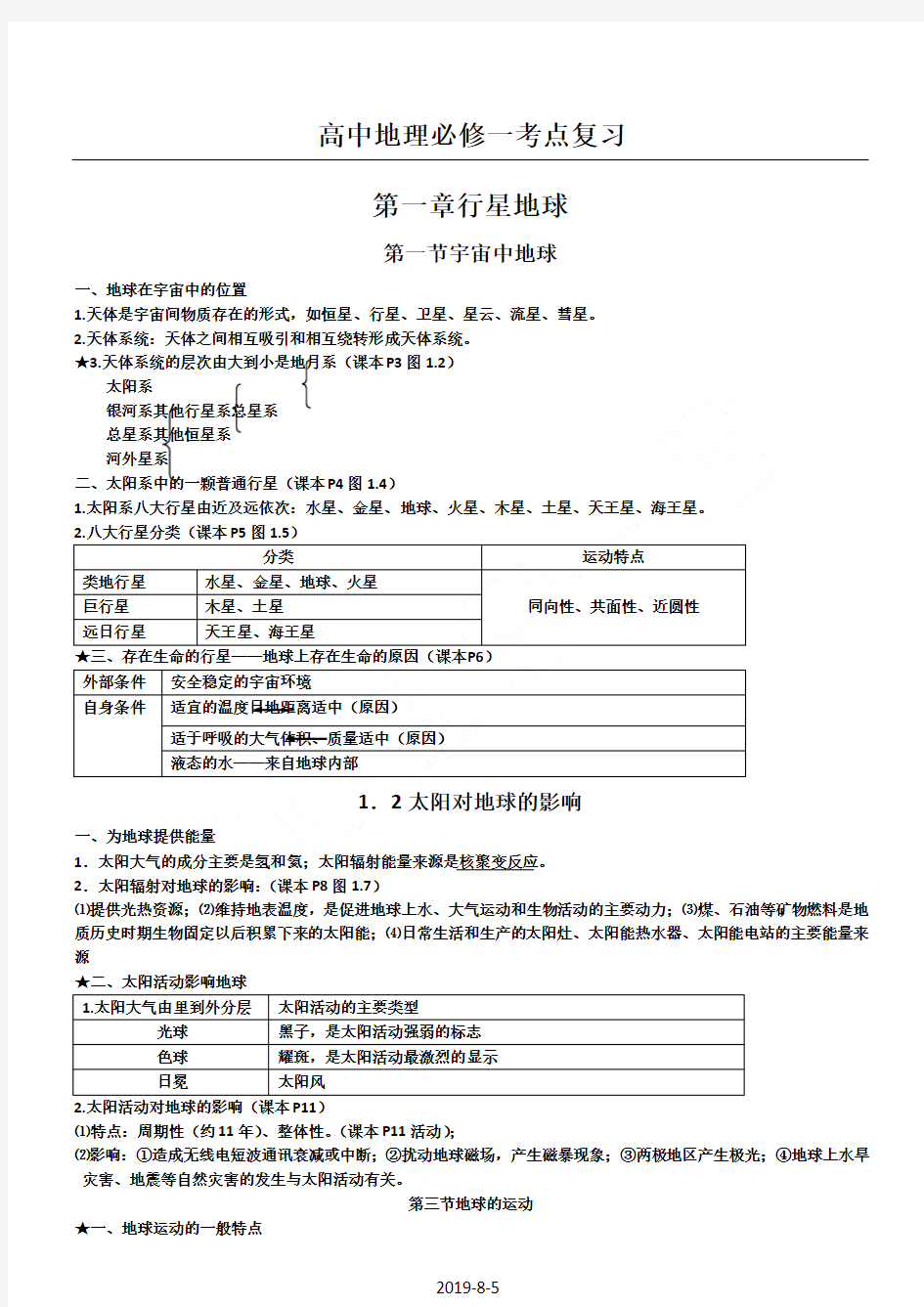 人教版高中地理必修一知识点总结