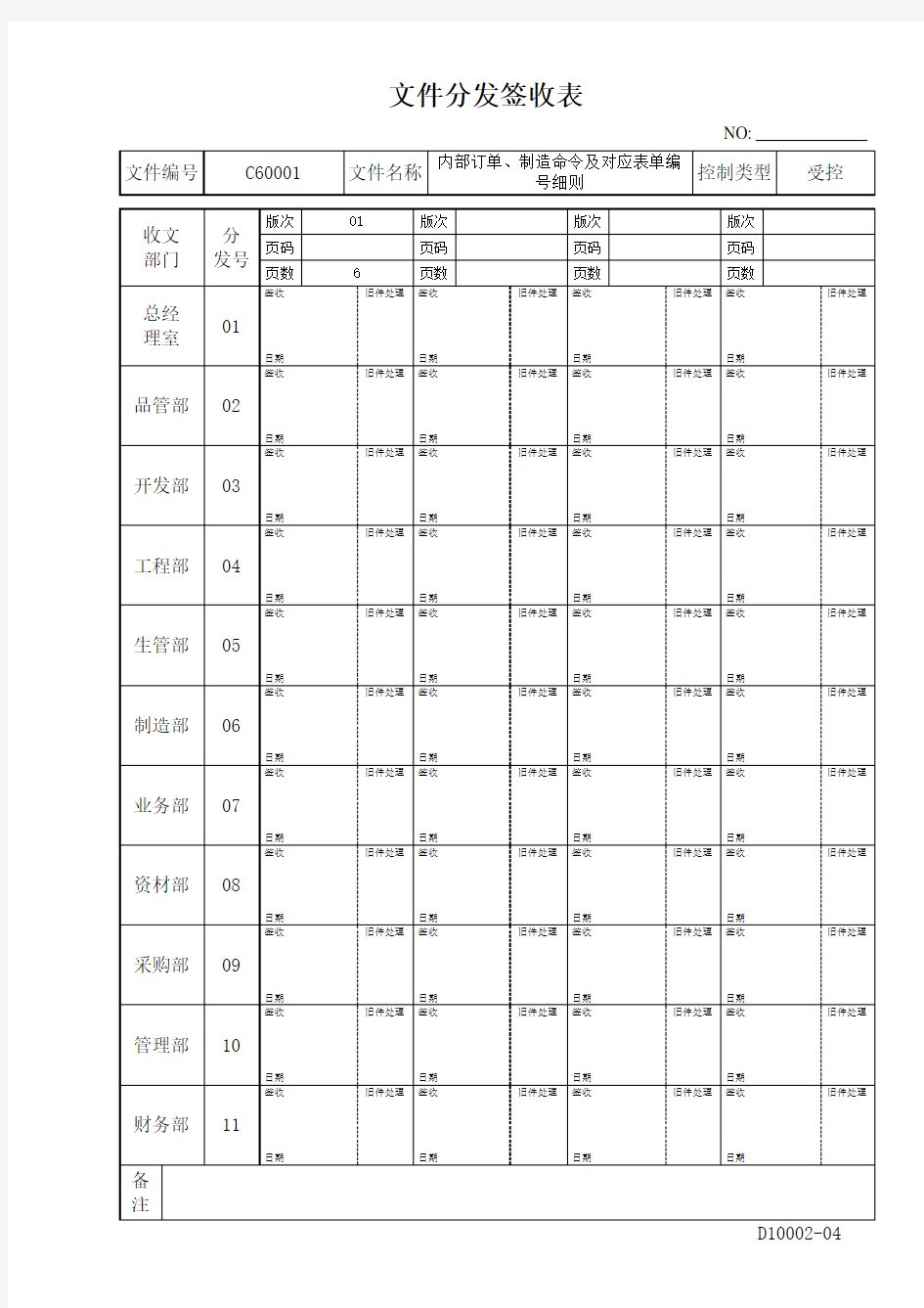 文件分发签收表