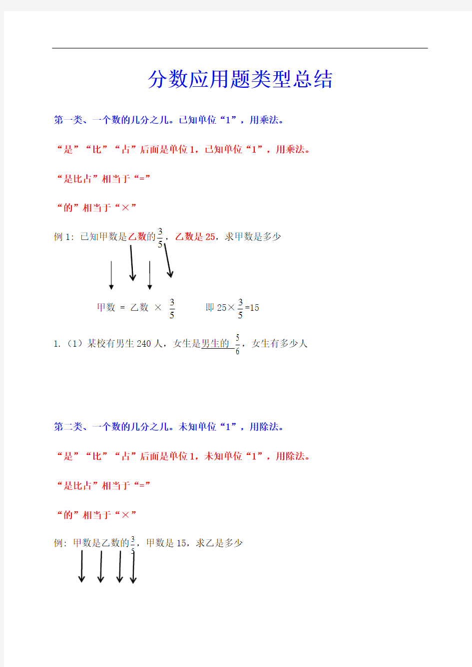 六年级分数乘除法应用题类型总结经典