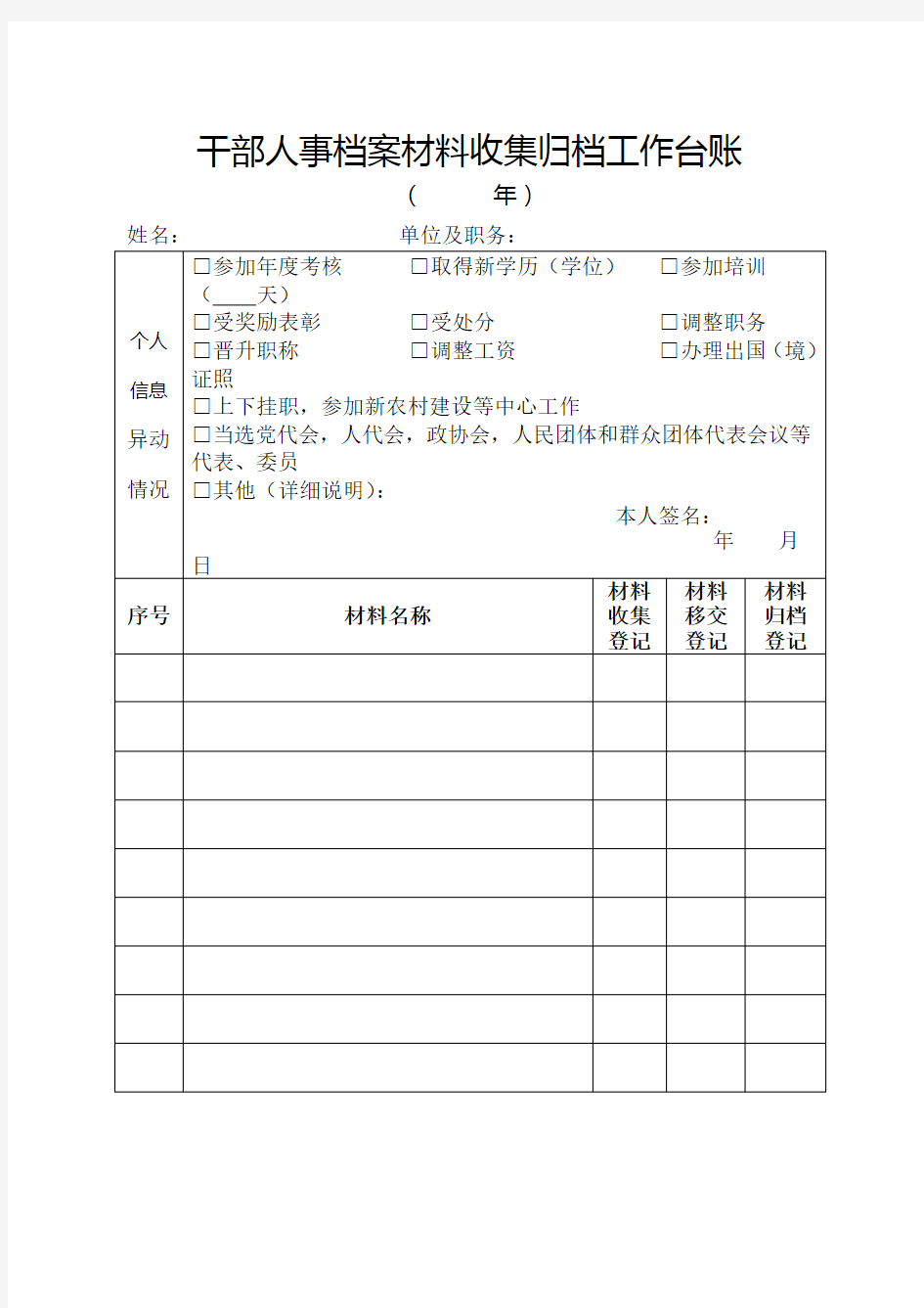 干部人事档案材料收集归档工作台账