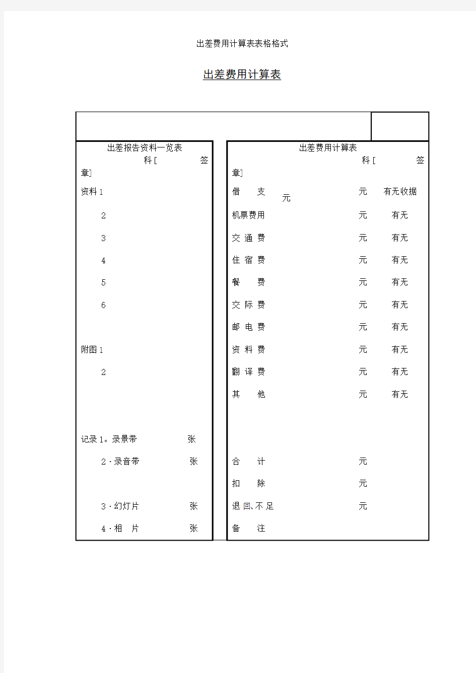 出差费用计算表表格格式