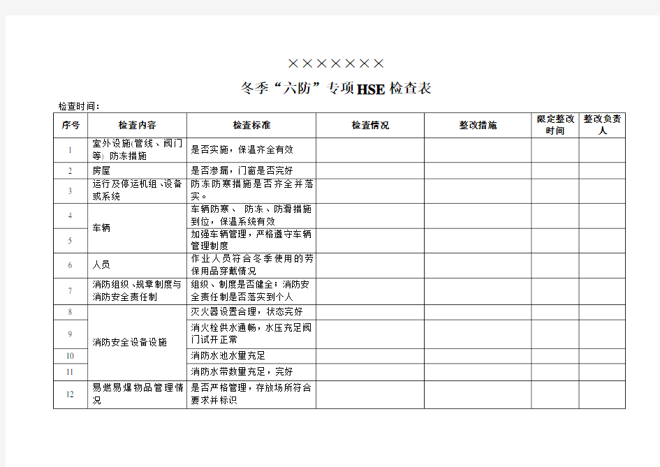 冬季“六防”安全检查表