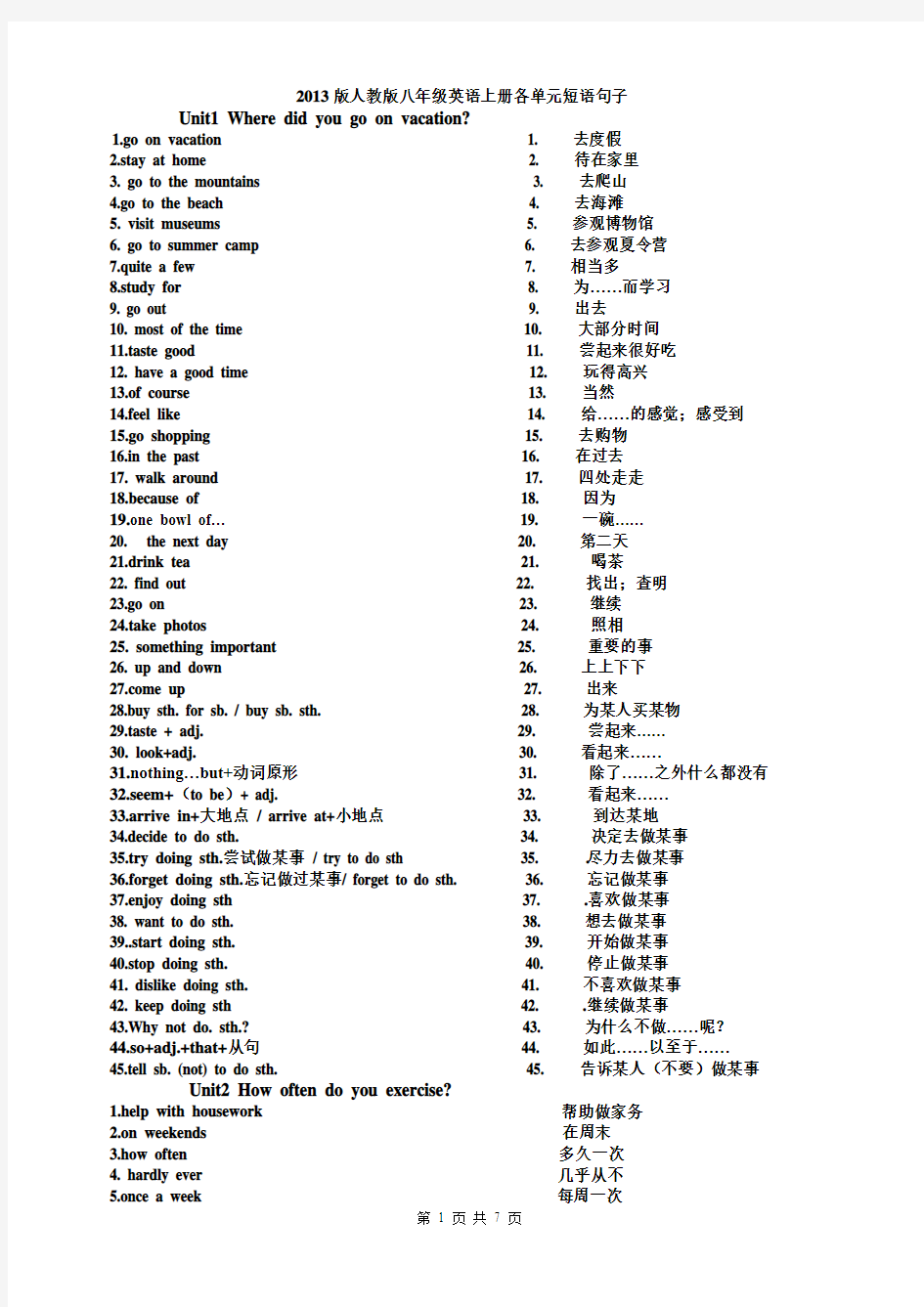 2013版人教版八年级英语上册各单元短语句子
