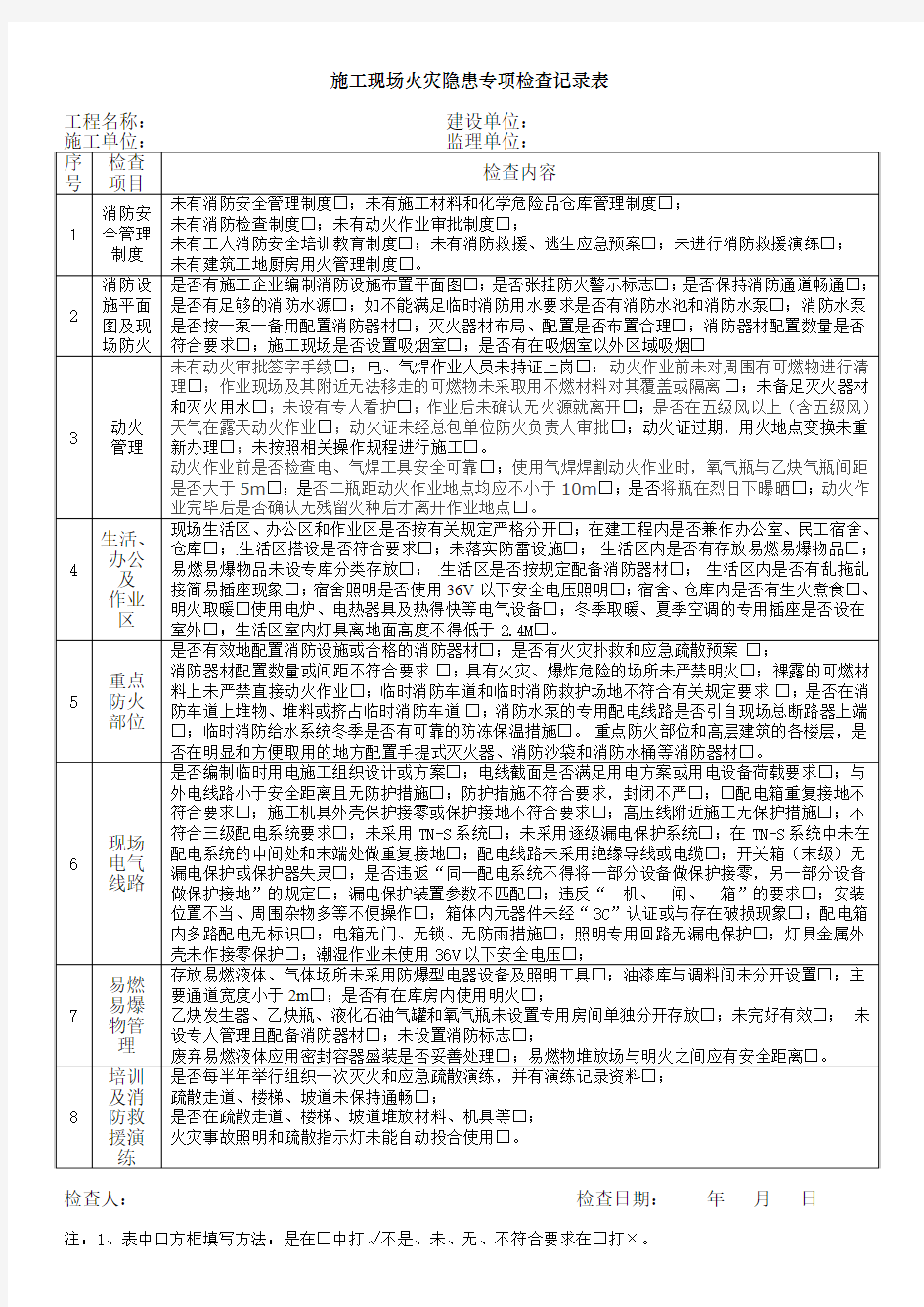 施工现场火灾隐患专项检查记录表