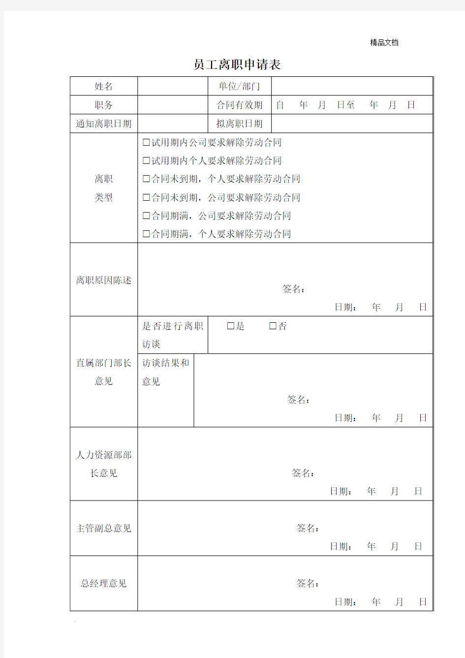 员工离职申请表-模板