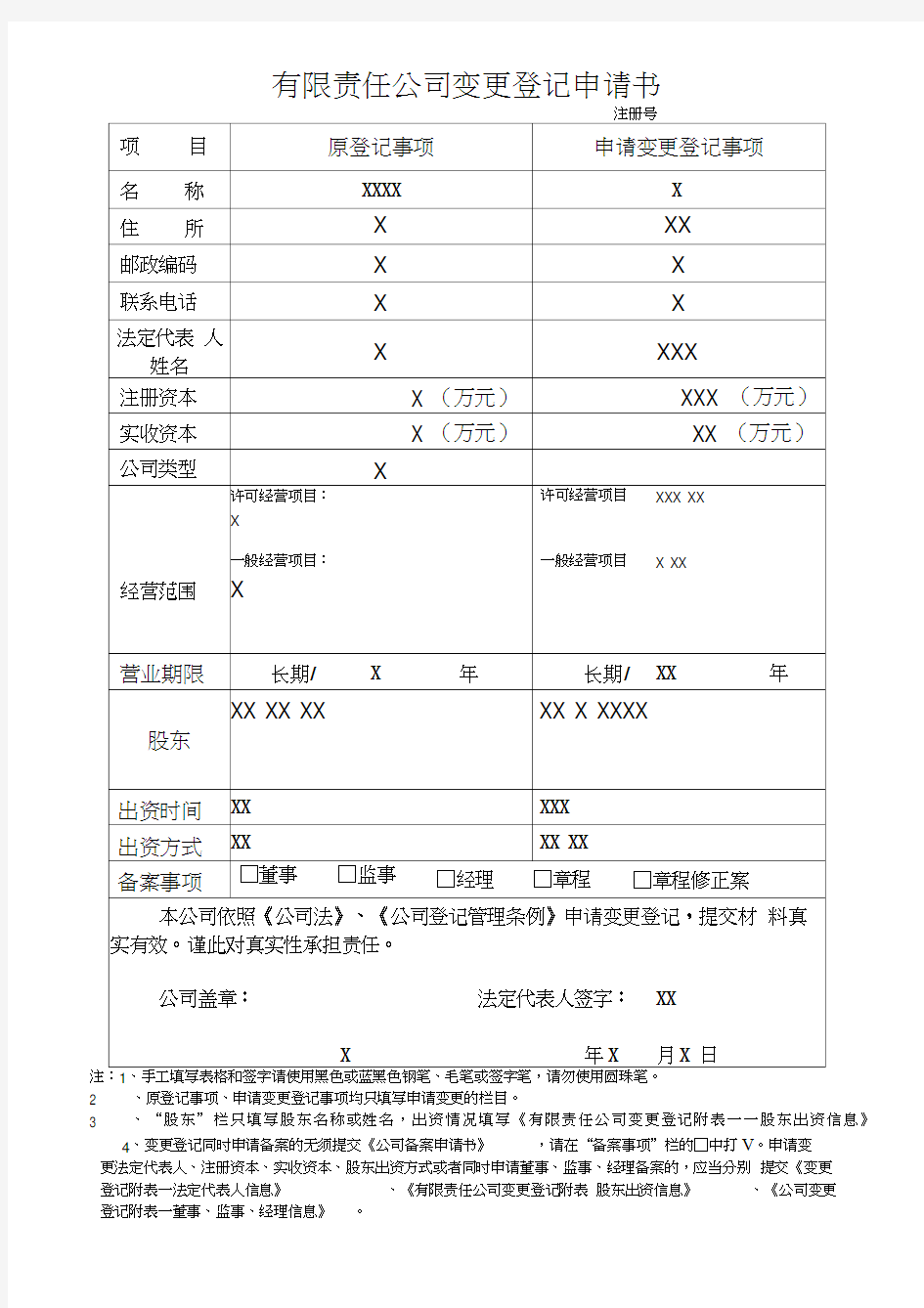 公司变更经营范围申请模板