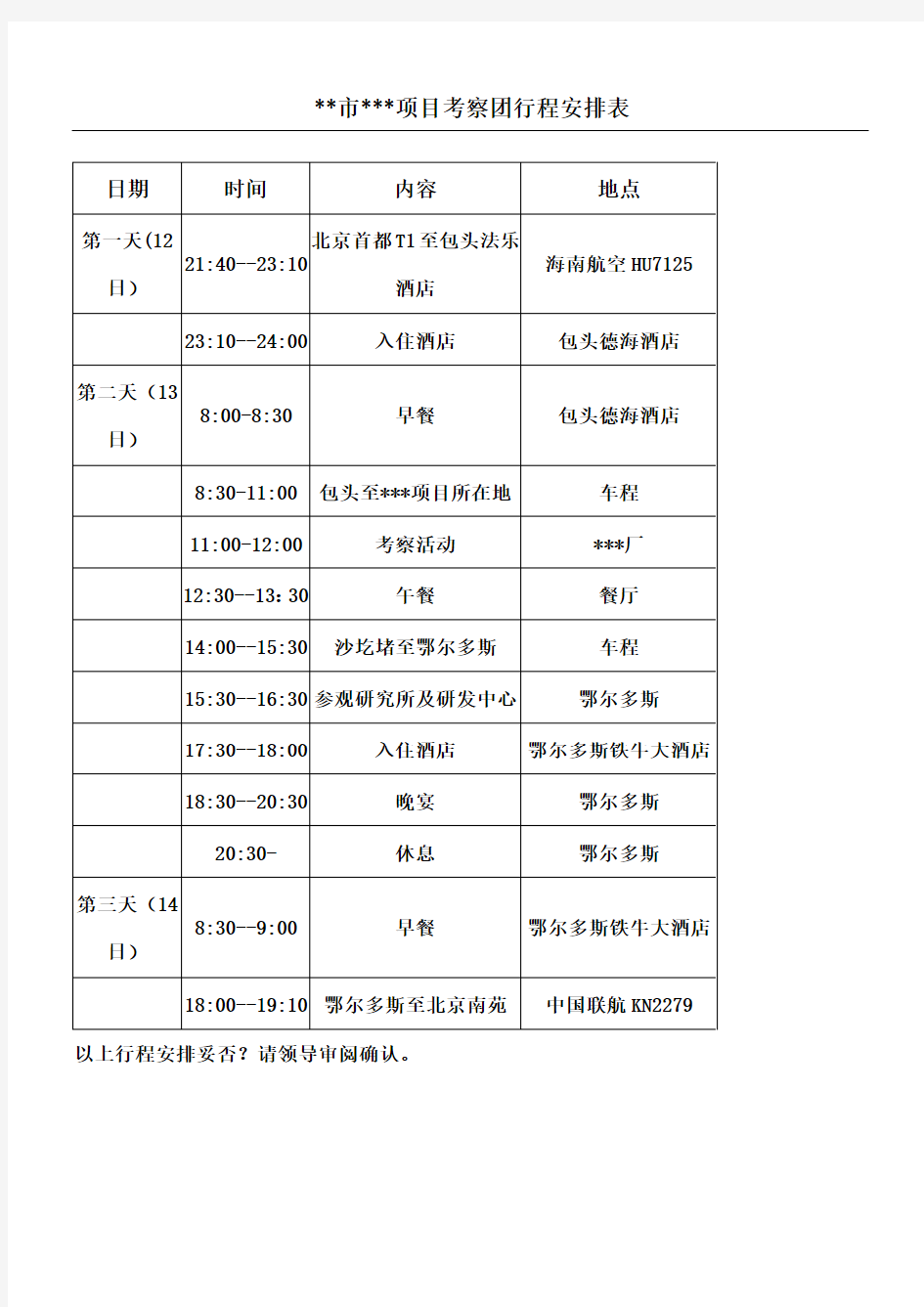 项目考察团行程安排表