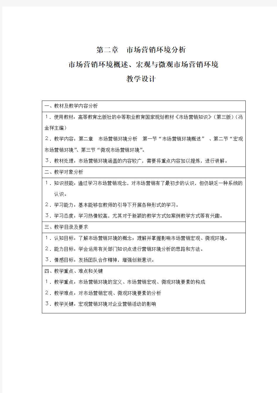 2.1 市场营销环境概述、市场营销宏观与微观环境教学设计