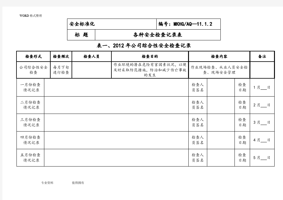 各种安全检查记录表(全面)