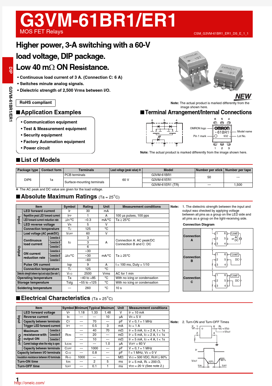 G3VM-61BR1;G3VM-61ER1;中文规格书,Datasheet资料