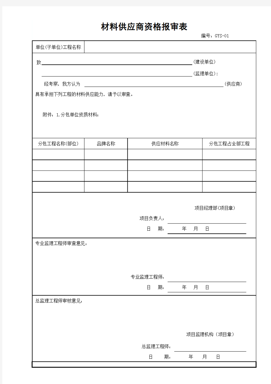 材料供应商报审表(范例)