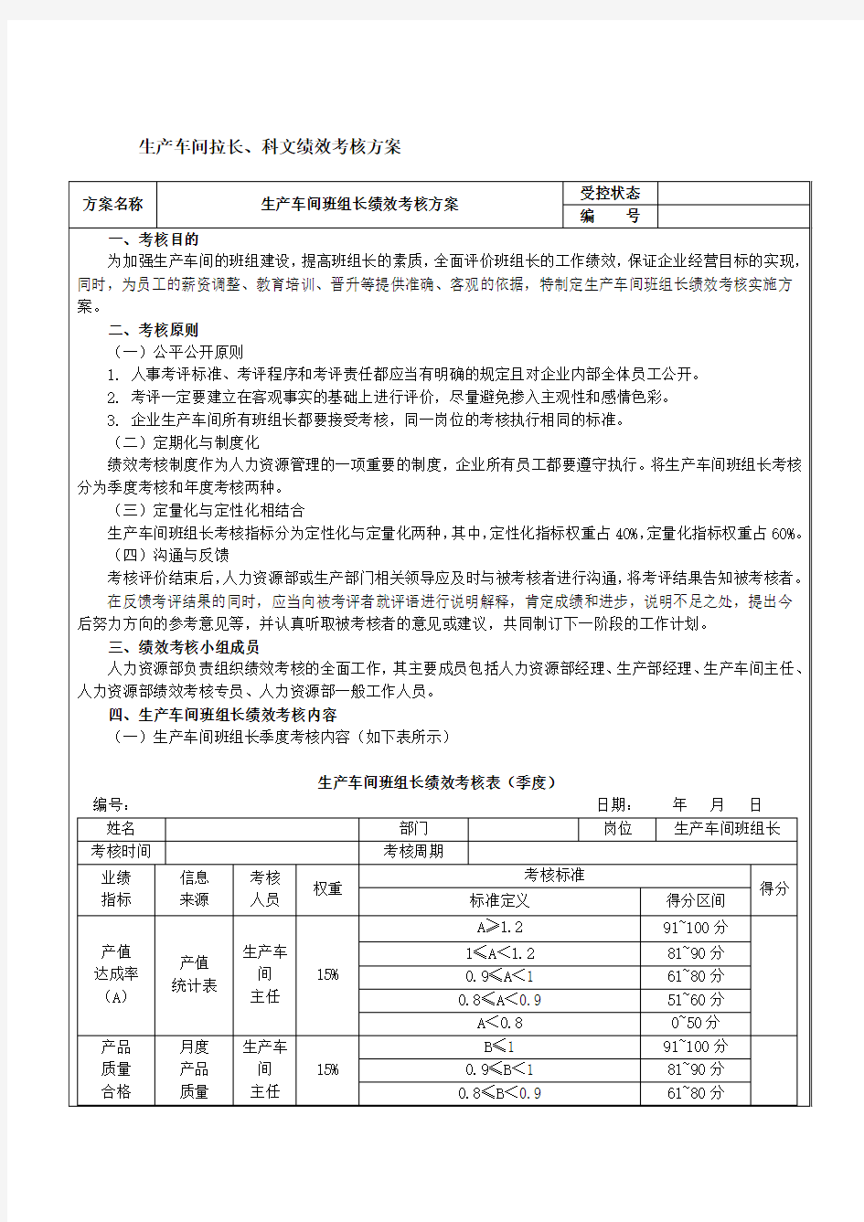 生产车间班组长绩效考核方案