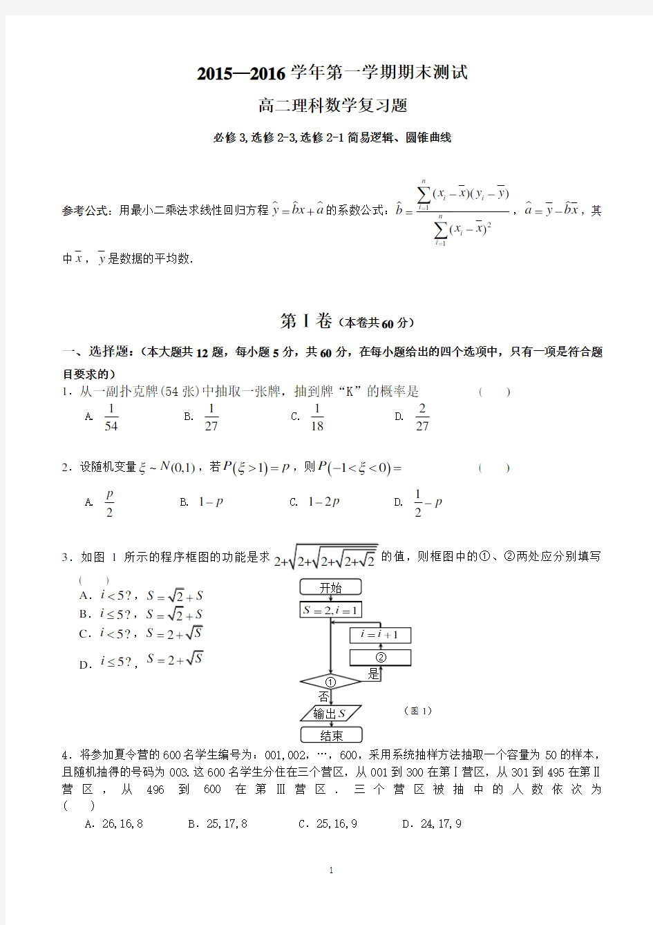 2015-2016学年高二数学期末试卷及答案