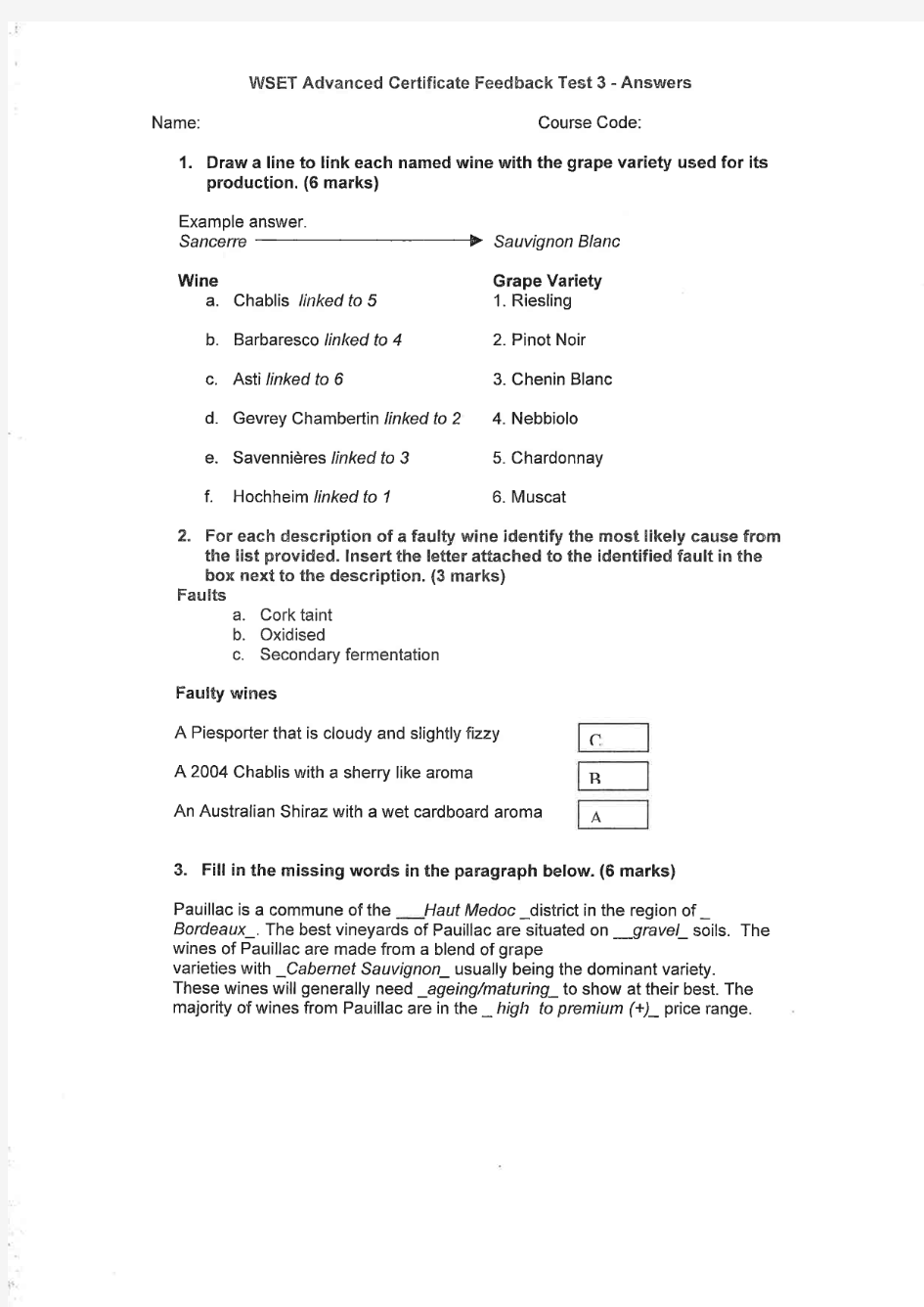 WSET L3模拟试题