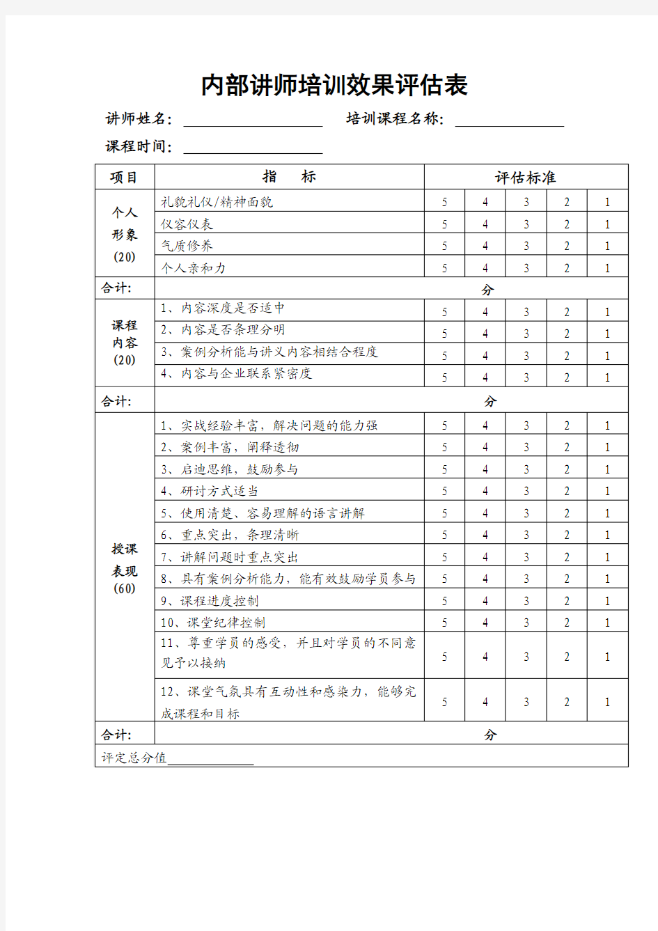 内部讲师培训效果评估表