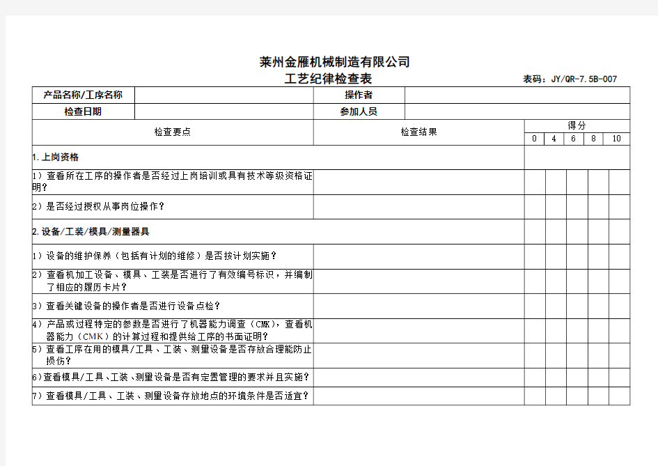 工艺纪律检查表