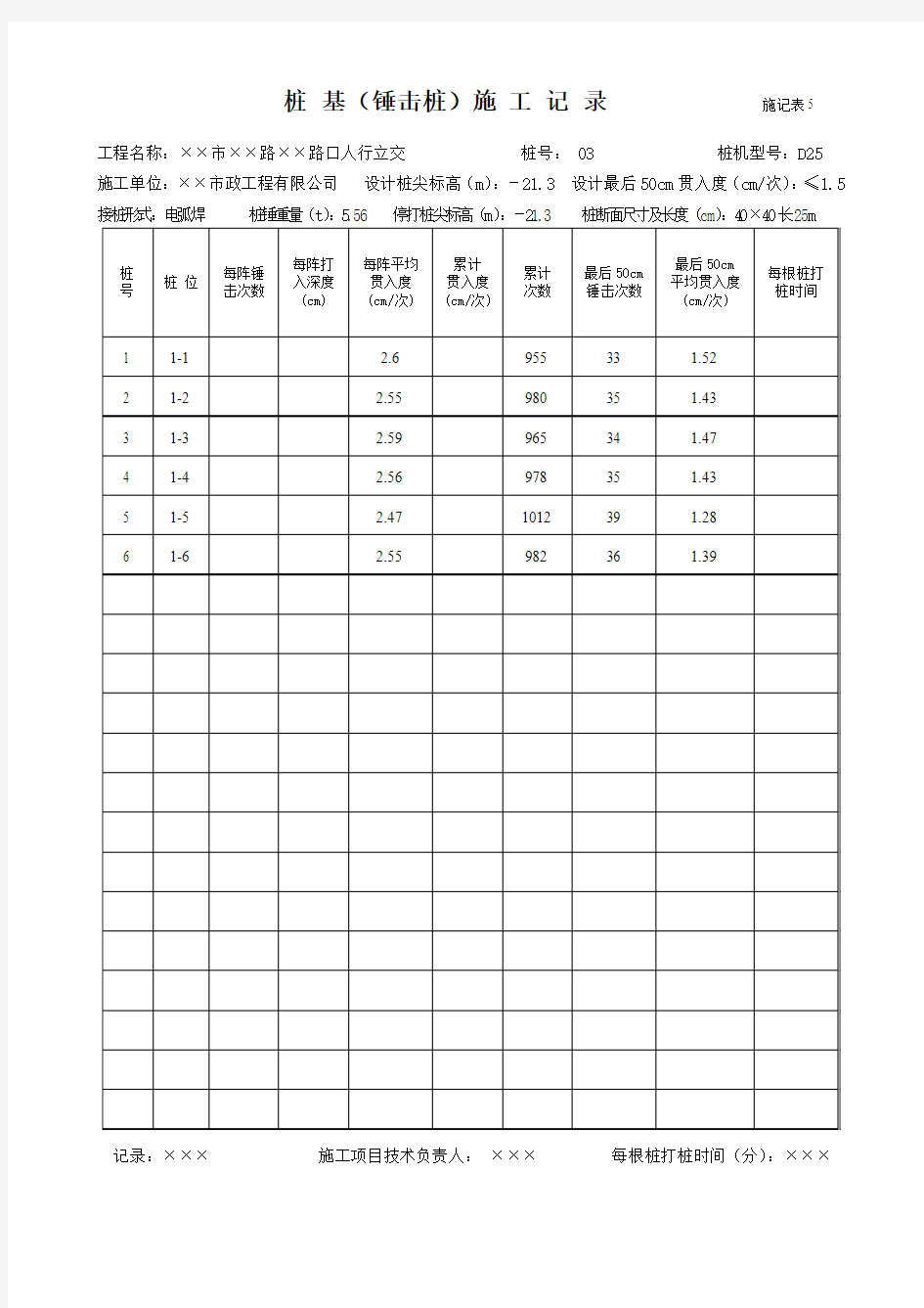 桩基施工记录表