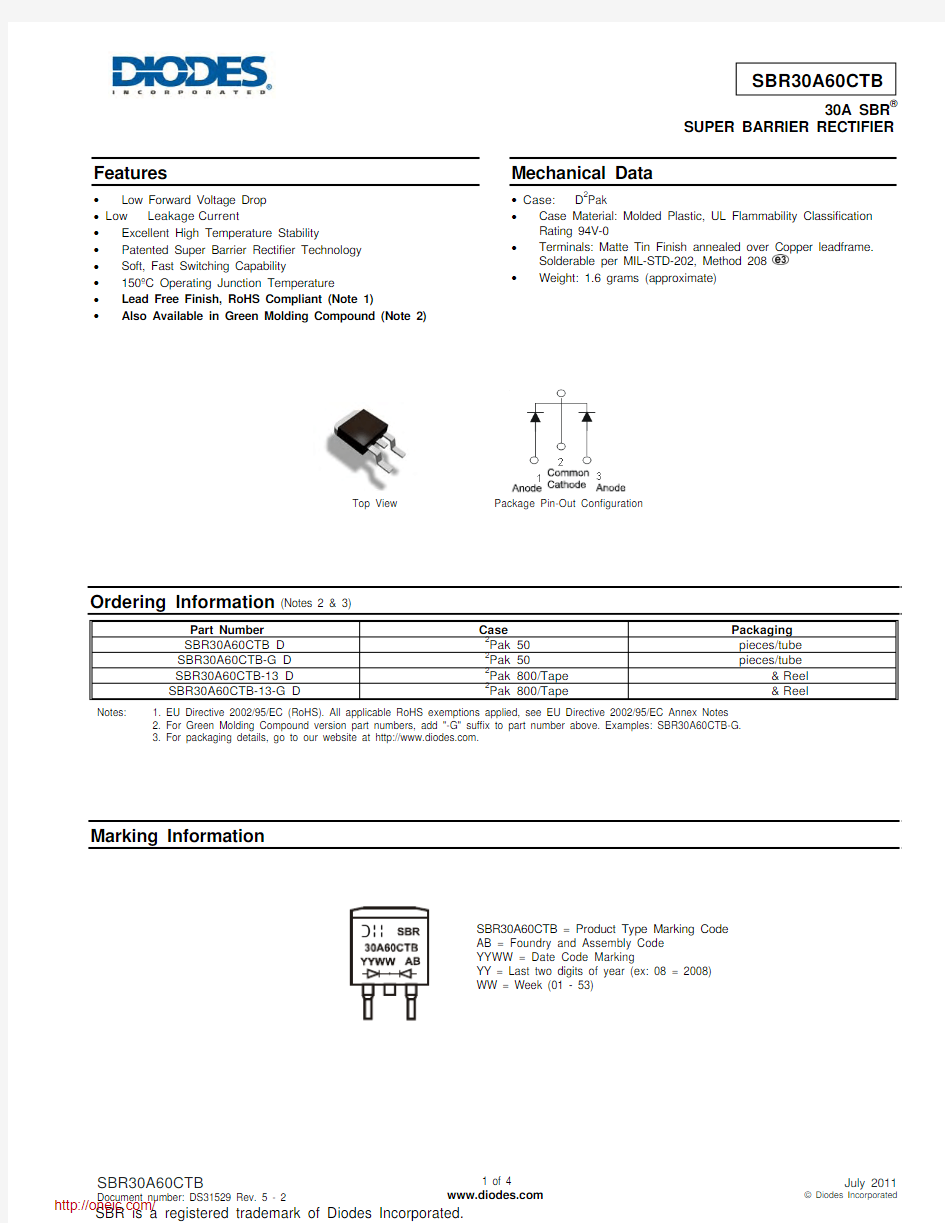 SBR30A60CTB-13;中文规格书,Datasheet资料
