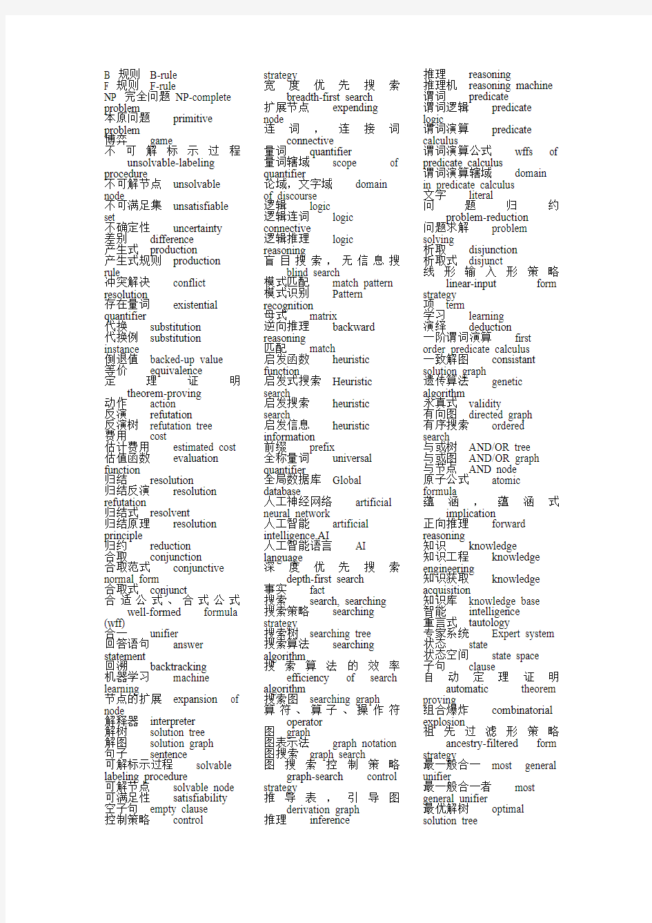 人工智能 中英文翻译(升序排列)