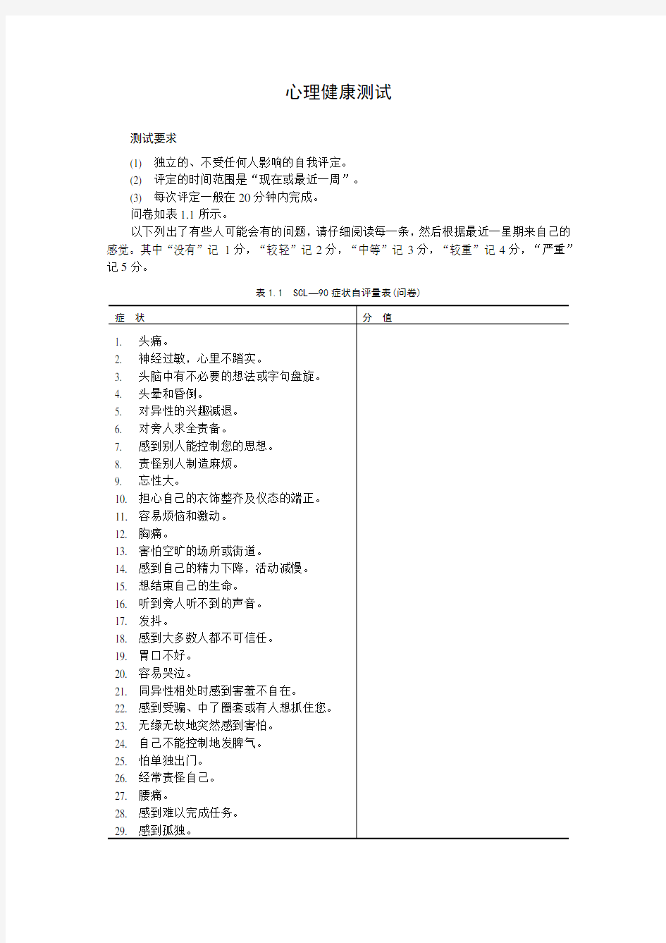 SCL--90 心理健康测试评分表