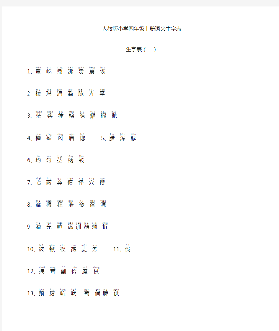 2015人教版小学四年级语文上册生字表(1)(2)附拼音