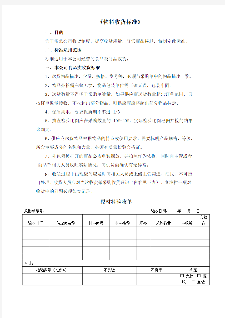 物料收货标准