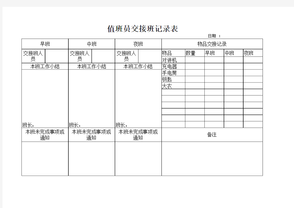 值班员交接班记录表