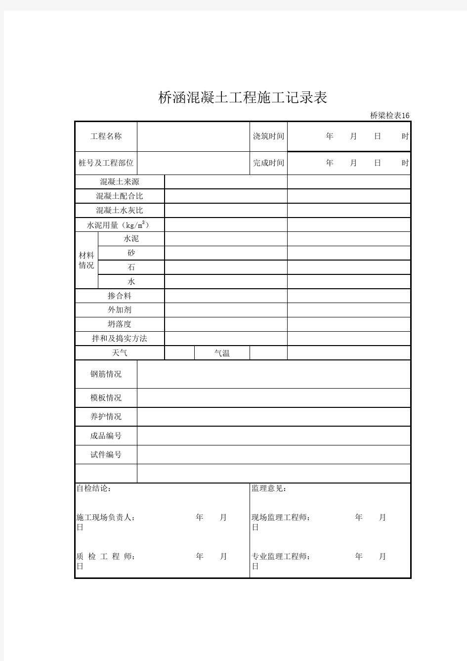 混凝土工程施工记录表