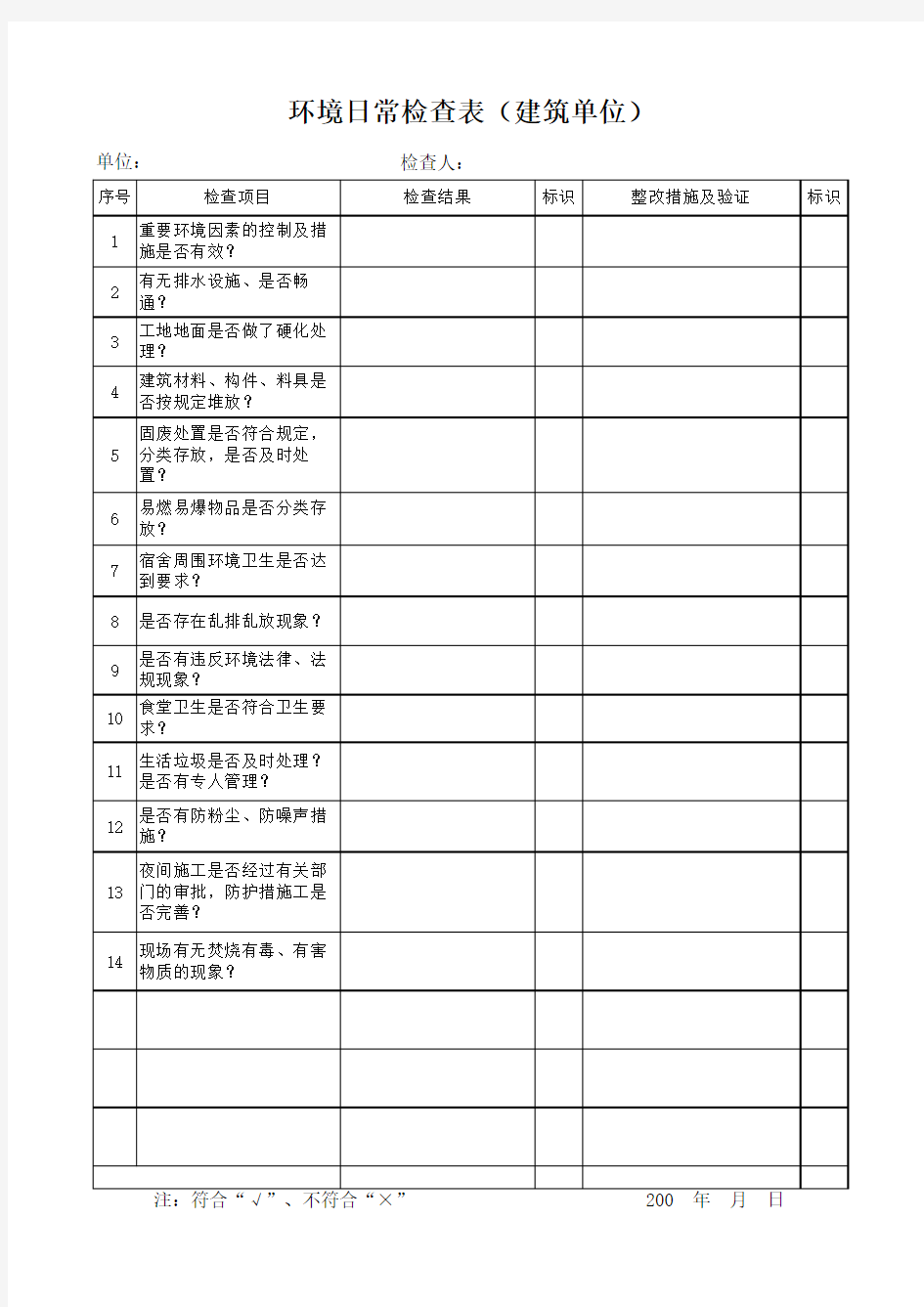 环境日常检查表模板