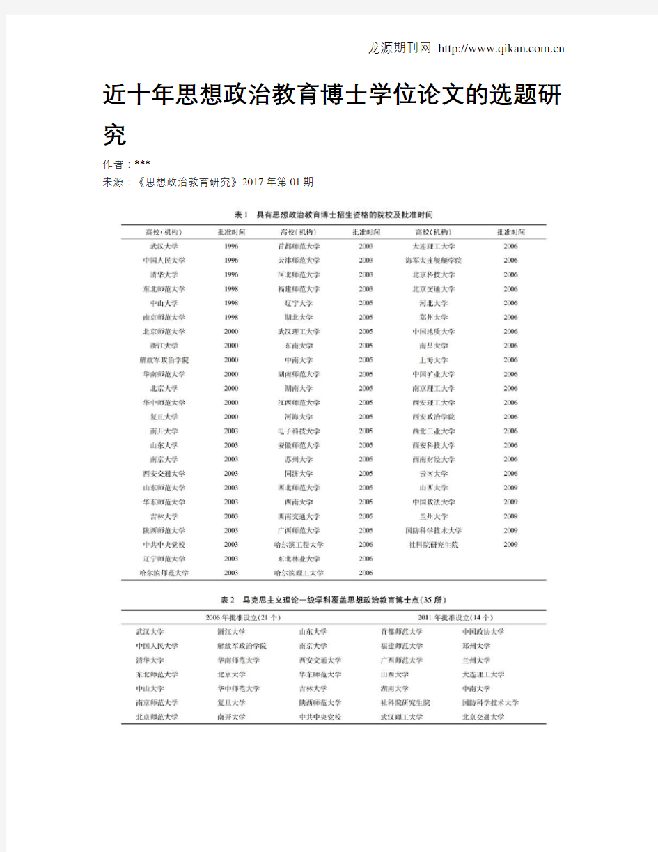 近十年思想政治教育博士学位论文的选题研究