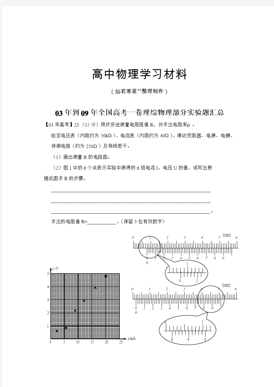 到全国高考一卷理综物理部分实验题汇总.docx