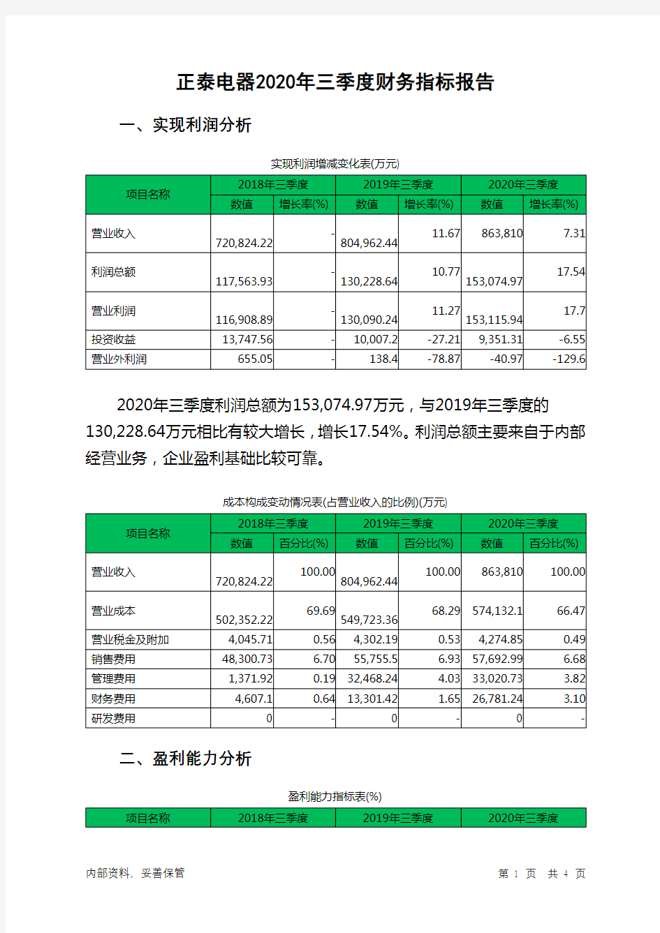 正泰电器2020年三季度财务指标报告