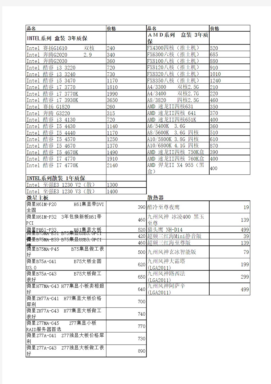 电脑配置报价清单