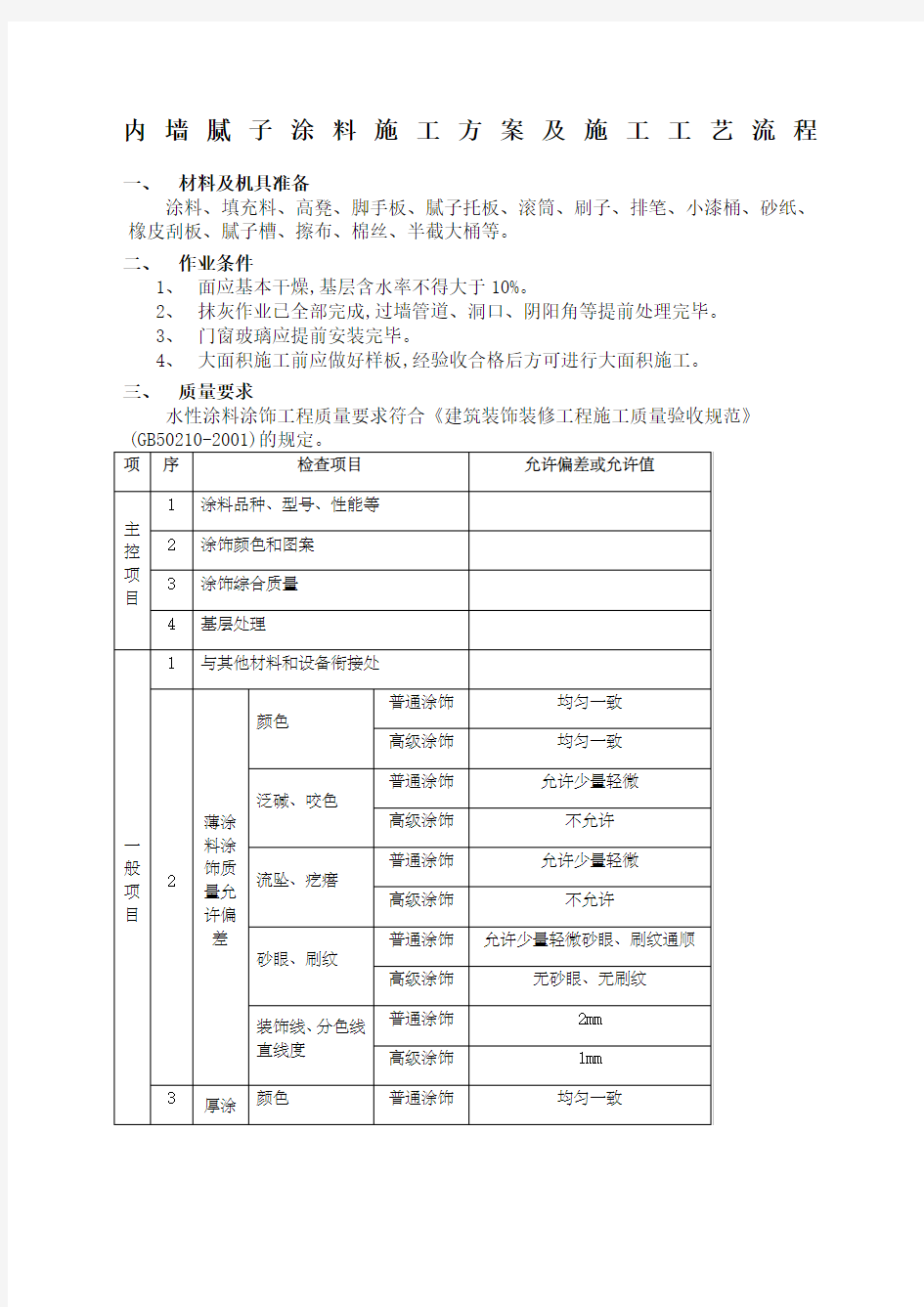 内墙腻子涂料施工方案及施工工艺流程