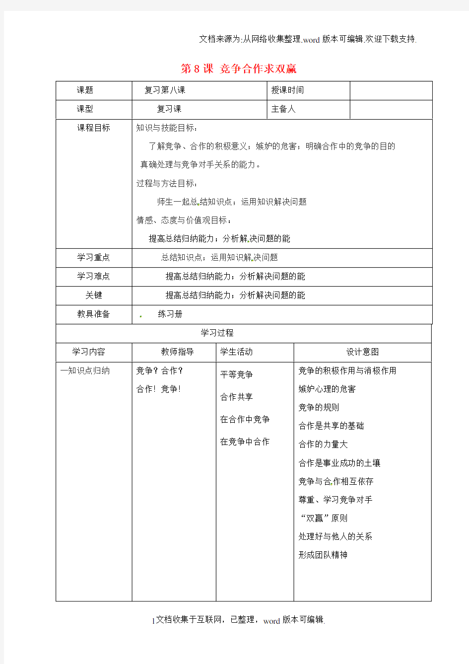 八年级政治上册第四单元第8课竞争合作求双赢教案新人教版