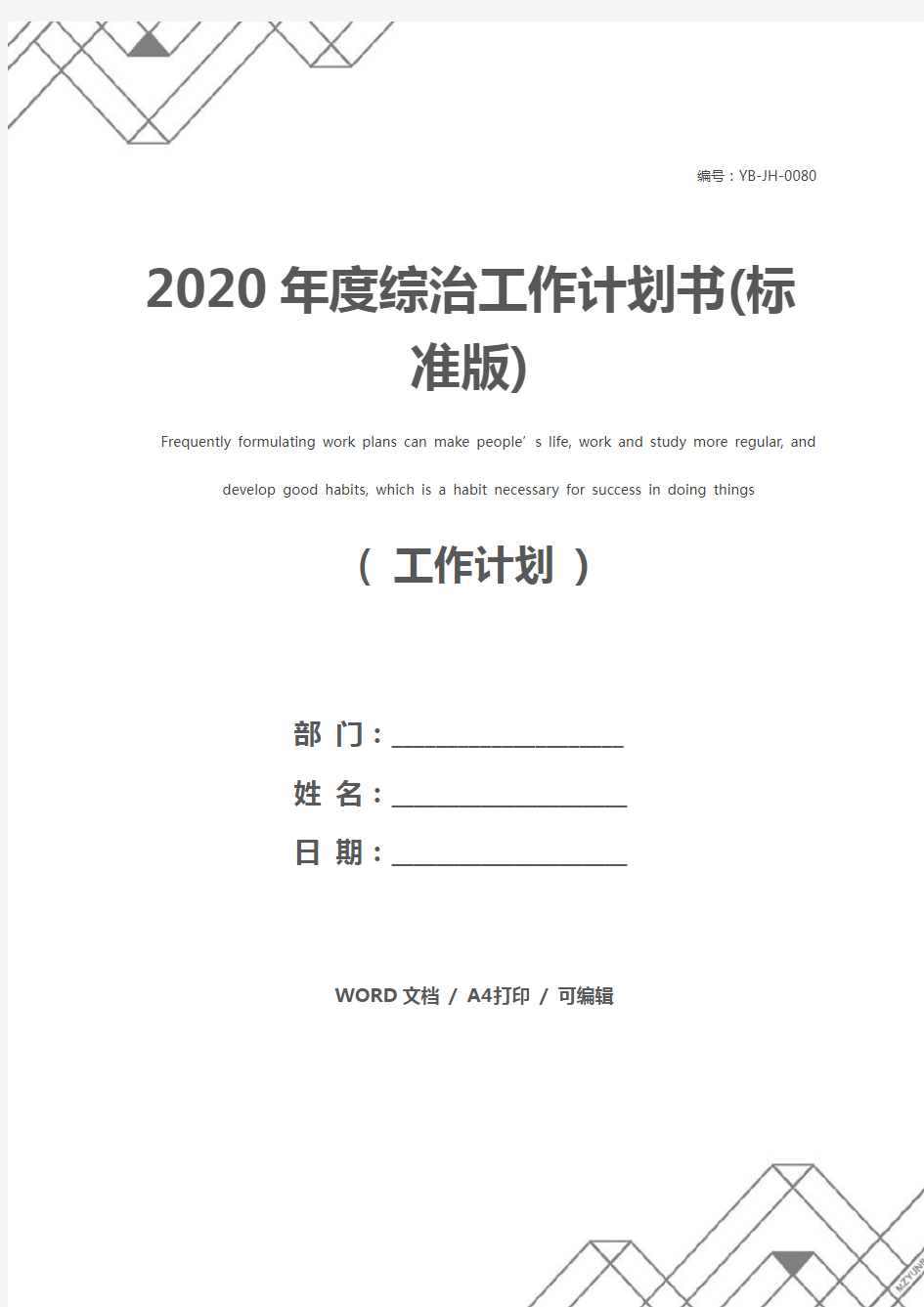 2020年度综治工作计划书(标准版)