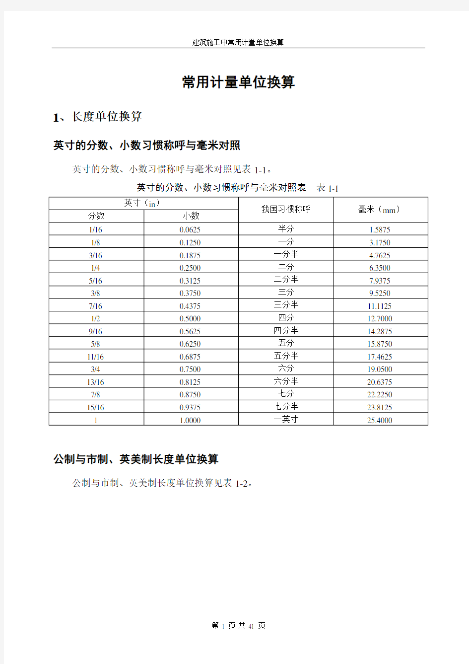 建筑施工中常用计量单位换算