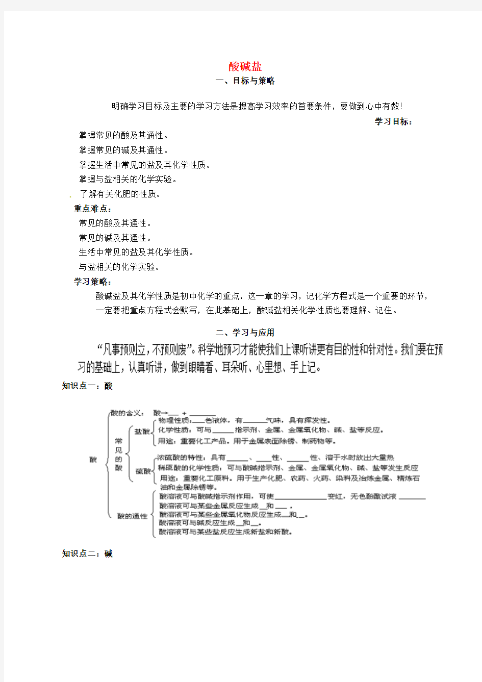 推荐中考化学专题复习酸碱盐导学案(无答案)