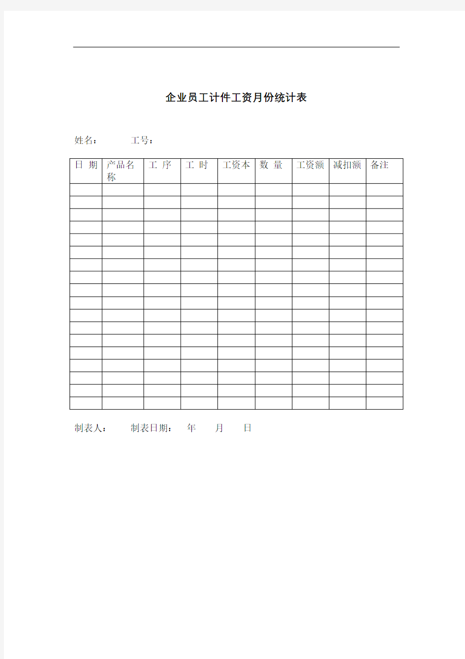 企业员工计件工资份统计表