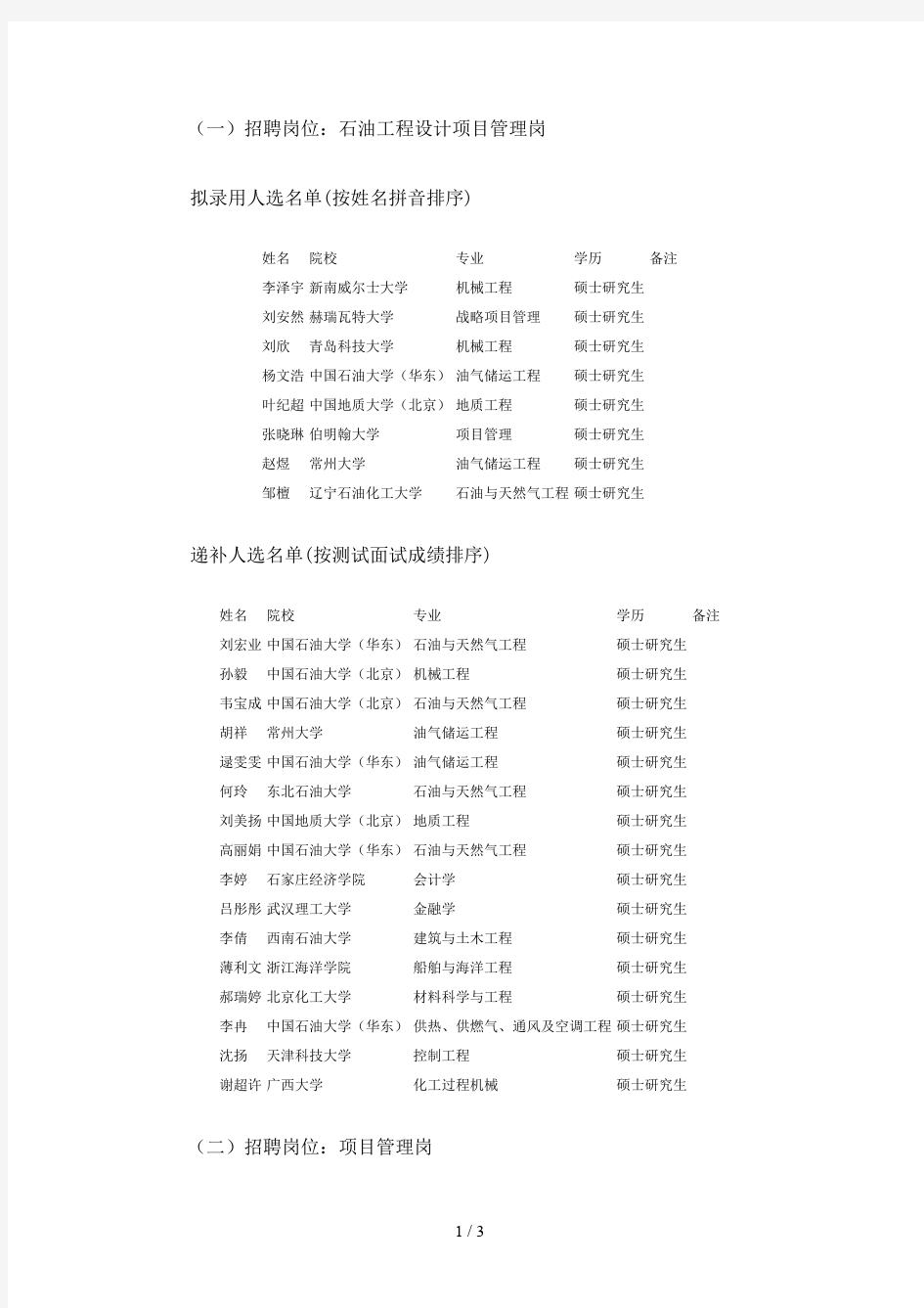 招聘岗位石油工程设计项目管理岗